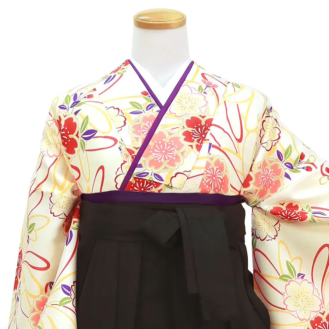 アイボリー地に菊と桜・黒袴（無地） （二尺袖）／卒業式／正面詳細