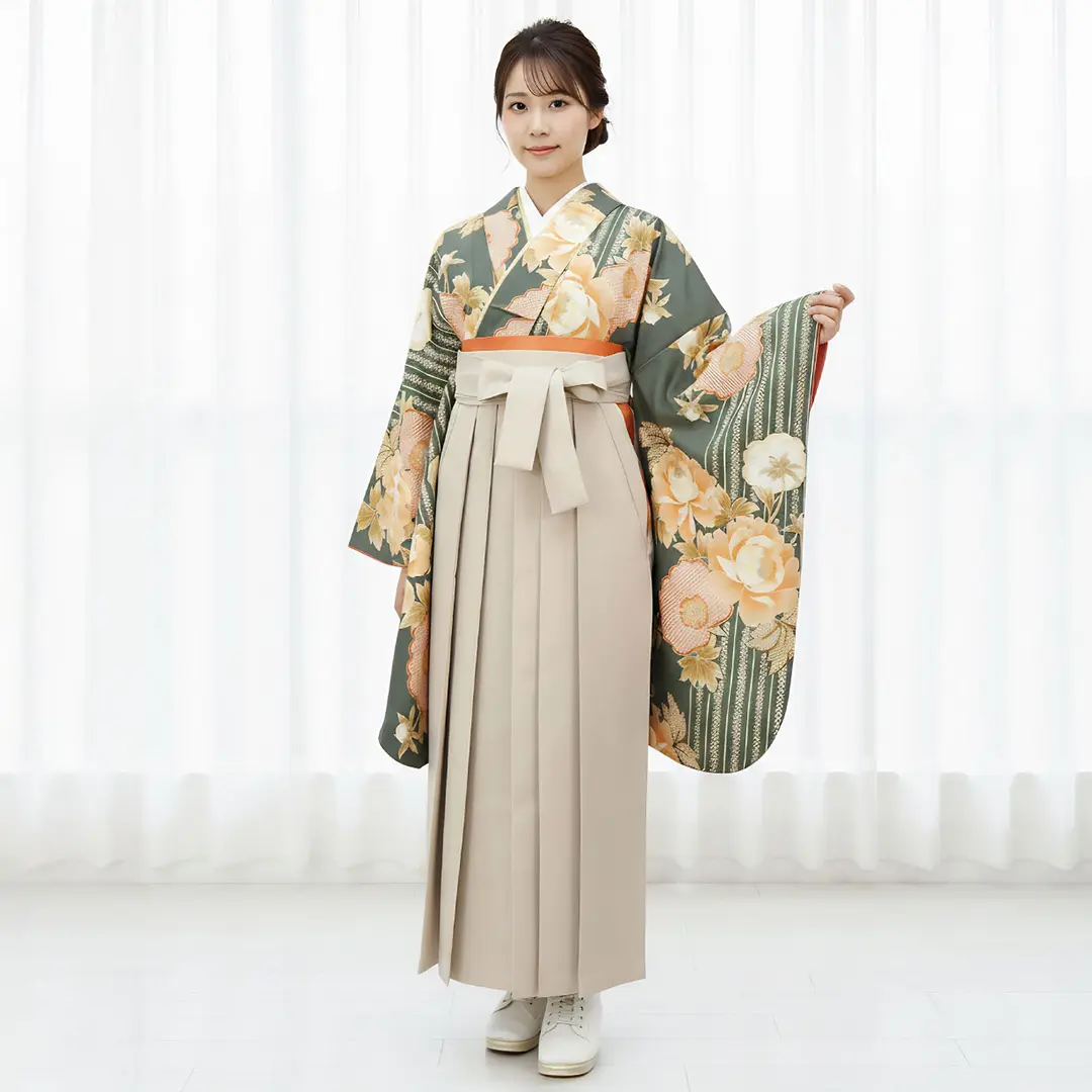 蓬色に縞と牡丹・グレージュ袴（無地） （二尺袖）／卒業式 | 宅配着物