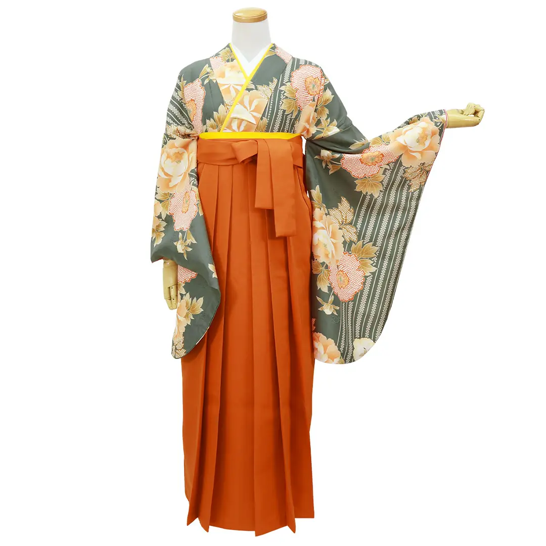 蓬色に縞と牡丹・オレンジ袴（無地） （二尺袖）／卒業式 | 宅配着物