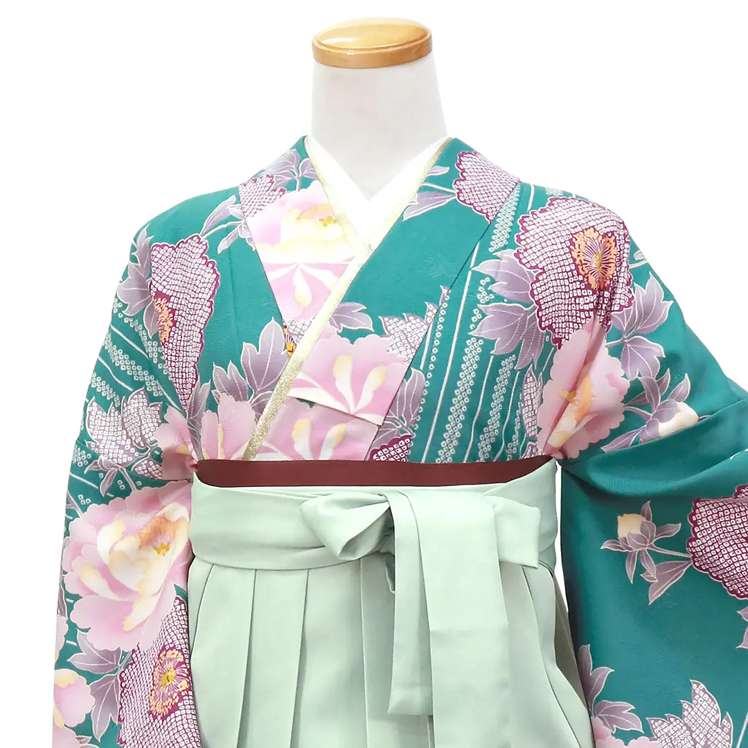 【人気セット】ターコイズに縞と牡丹・くすみグリーン袴（無地） （二尺袖）／卒業式／正面詳細