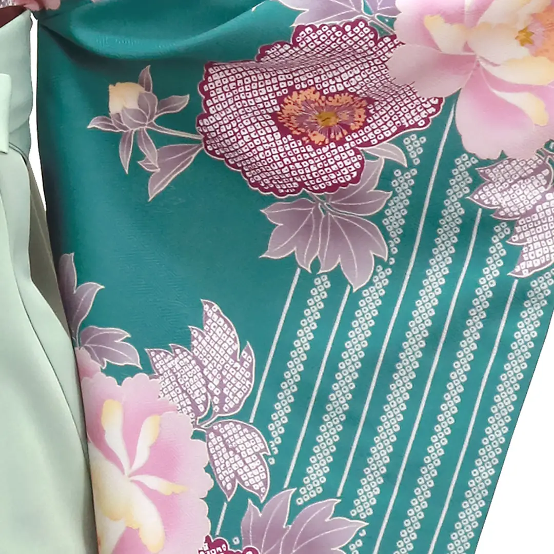 【人気セット】ターコイズに縞と牡丹・くすみグリーン袴（無地） （二尺袖）／卒業式／柄詳細