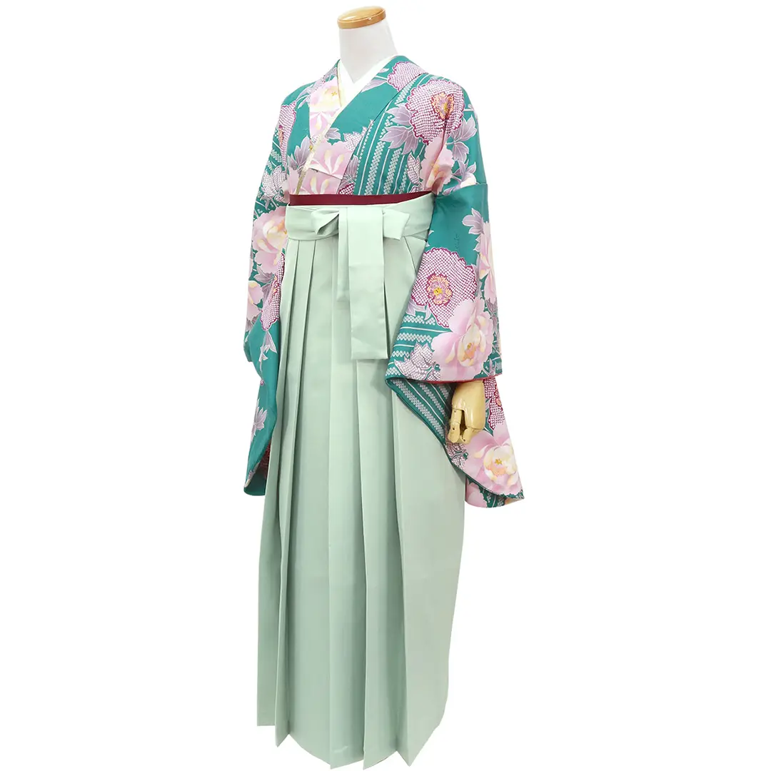 【人気セット】ターコイズに縞と牡丹・くすみグリーン袴（無地） （二尺袖）／卒業式／斜め