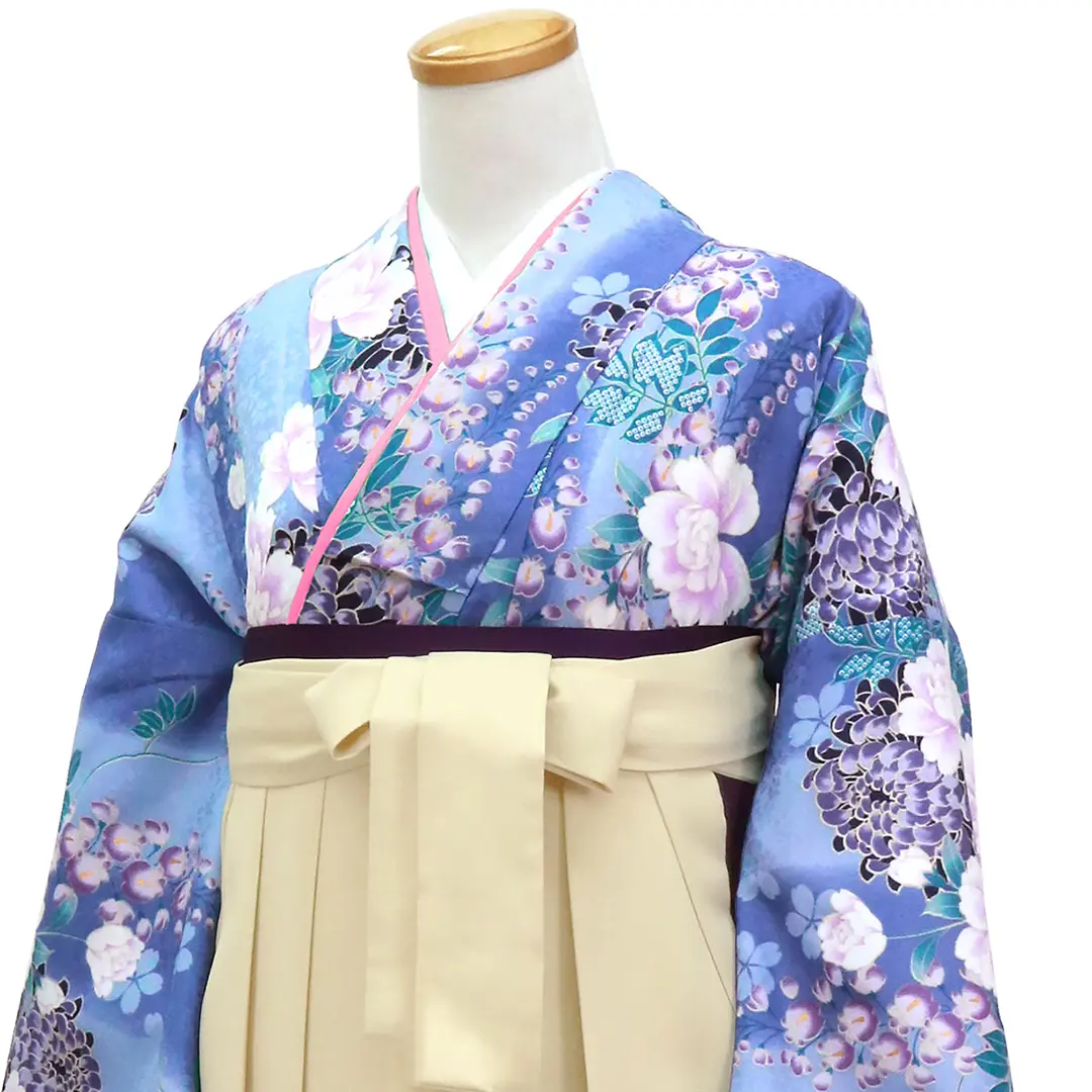 【人気セット】薄花桜地に藤とシャクヤクと菊・アイボリー袴（無地） （二尺袖）／卒業式／斜め詳細