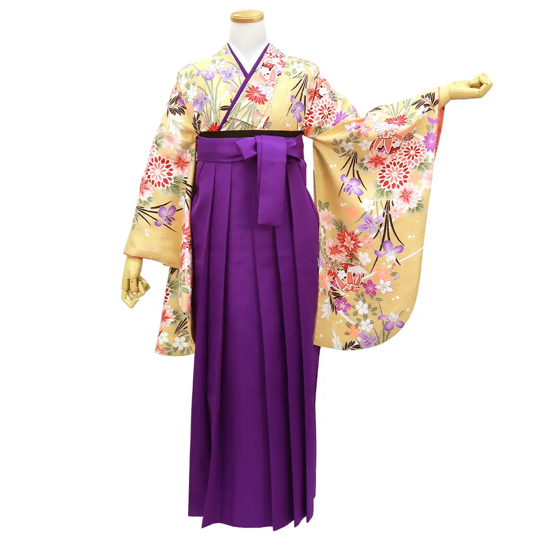 淡黄地に鞠と花尽くし・本紫袴（無地） （二尺袖）／卒業式／正面