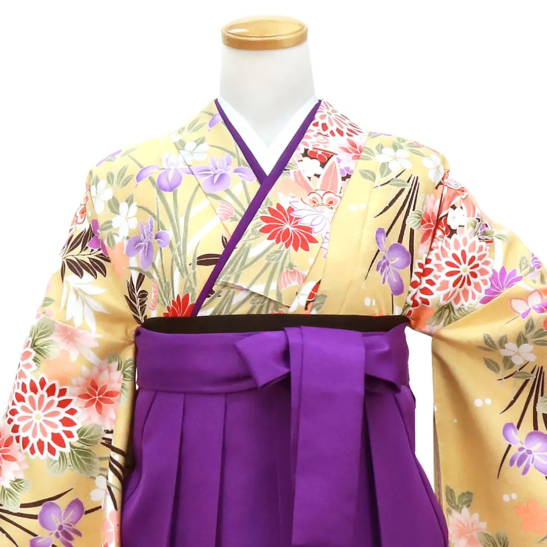 淡黄地に鞠と花尽くし・本紫袴（無地） （二尺袖）／卒業式／正面詳細