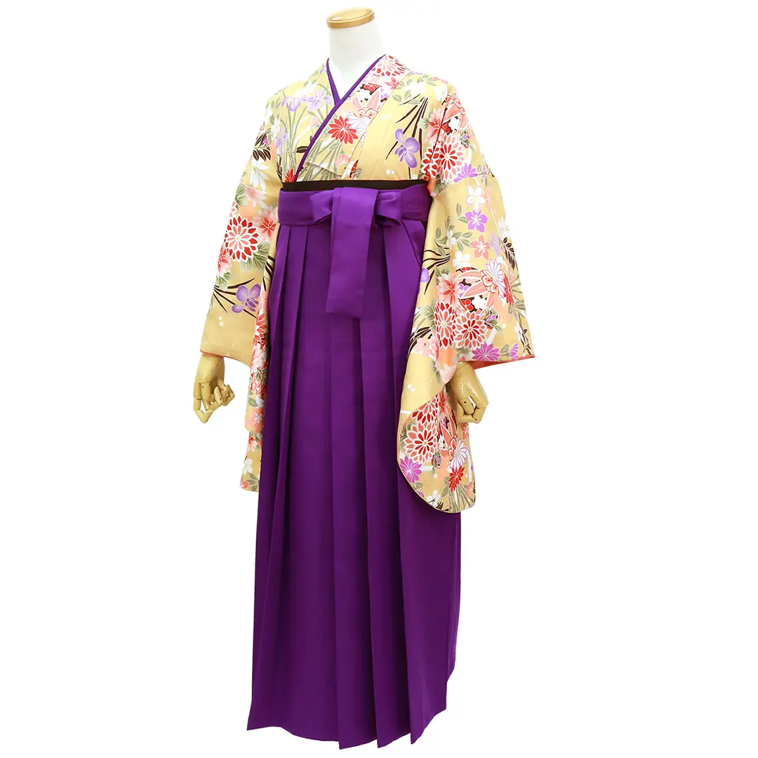 淡黄地に鞠と花尽くし・本紫袴（無地） （二尺袖）／卒業式／斜め