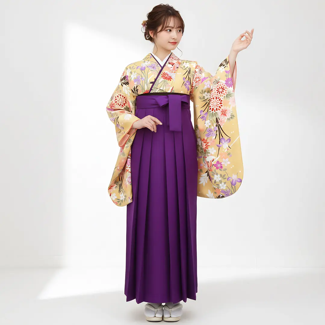 淡黄地に鞠と花尽くし・本紫袴（無地） （二尺袖）／卒業式