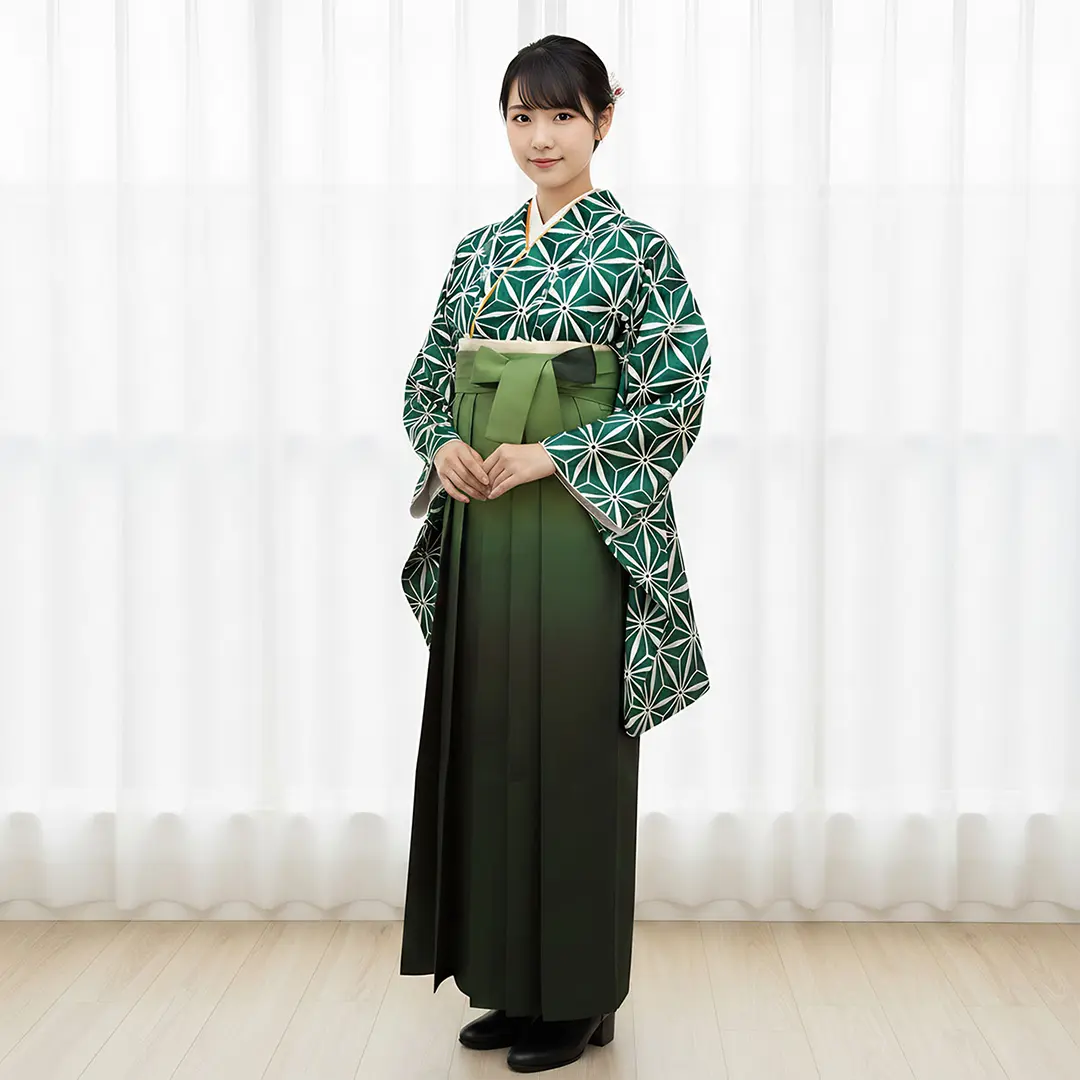緑地に麻の葉・緑袴（ぼかし） （二尺袖）／卒業式 | 宅配着物レンタル