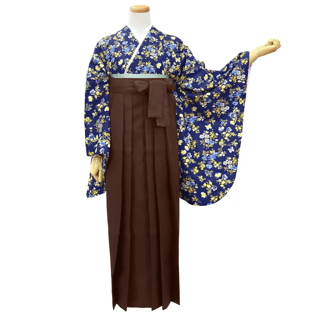 二尺袖 袴フルセット From KYOTO 黄色地 袴変更可能 NO35835 黄色地に花尽くし・茶色袴（無地） （二尺袖）／卒業式 | 宅配着物