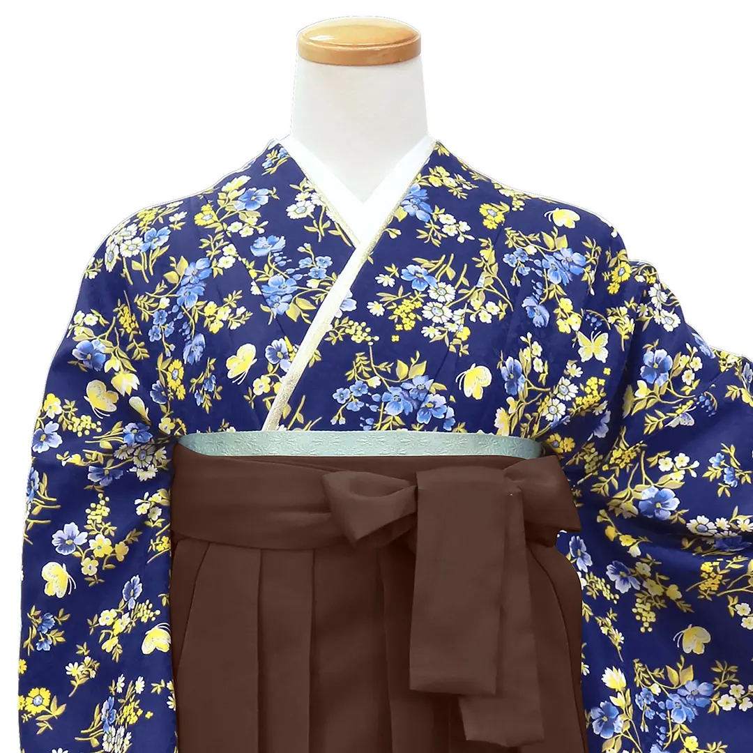 二尺袖 袴フルセット From KYOTO 黄色地 袴変更可能 NO35835 黄色地に花尽くし・茶色袴（無地） （二尺袖）／卒業式 | 宅配着物