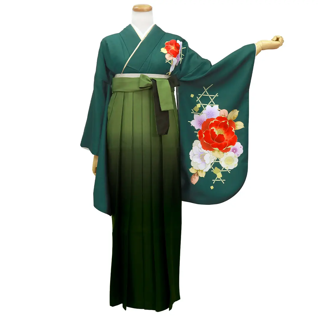 青緑に牡丹・緑袴（ぼかし） （二尺袖）／卒業式 | 宅配着物レンタルの