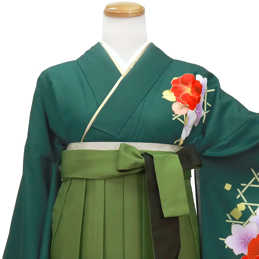 青緑に牡丹・緑袴（ぼかし） （二尺袖）／卒業式 | 宅配着物レンタルの