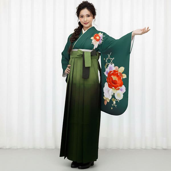 青緑に牡丹・緑袴（ぼかし） （二尺袖）／卒業式 | 宅配着物レンタルの