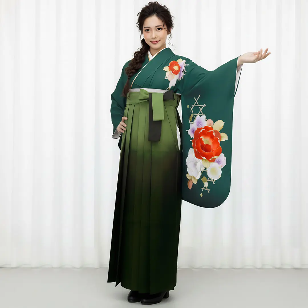青緑に牡丹・緑袴（ぼかし） （二尺袖）／卒業式 | 宅配着物レンタルの