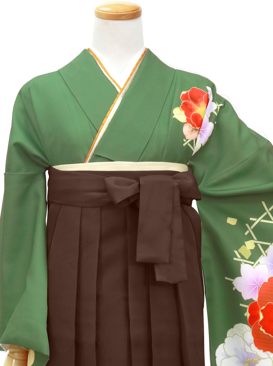 松葉色に牡丹・茶色袴（無地） （二尺袖）／卒業式 | 宅配着物
