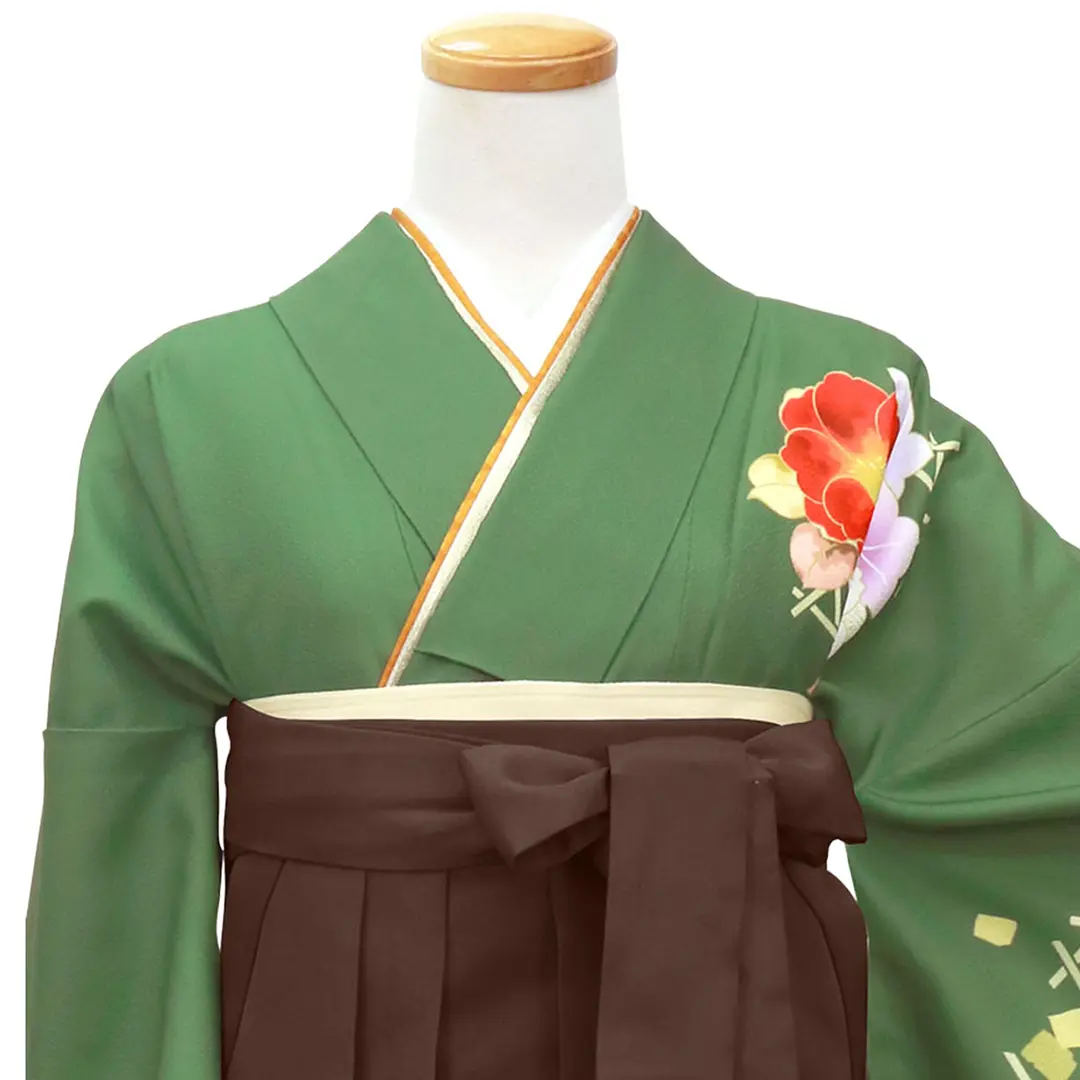 松葉色に牡丹・茶色袴（無地） （二尺袖）／卒業式 | 宅配着物レンタル