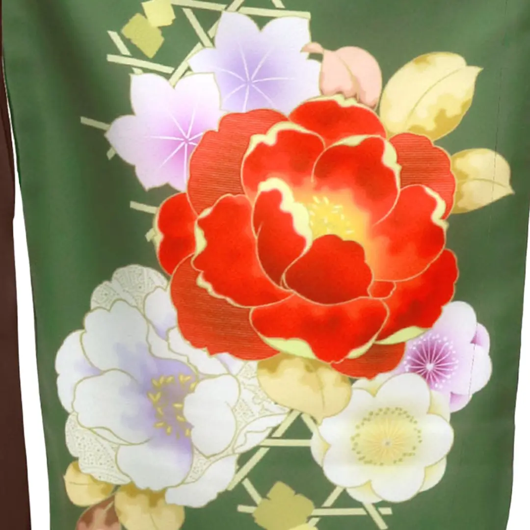 松葉色に牡丹・茶色袴（無地）（二尺袖）／卒業式／柄詳細