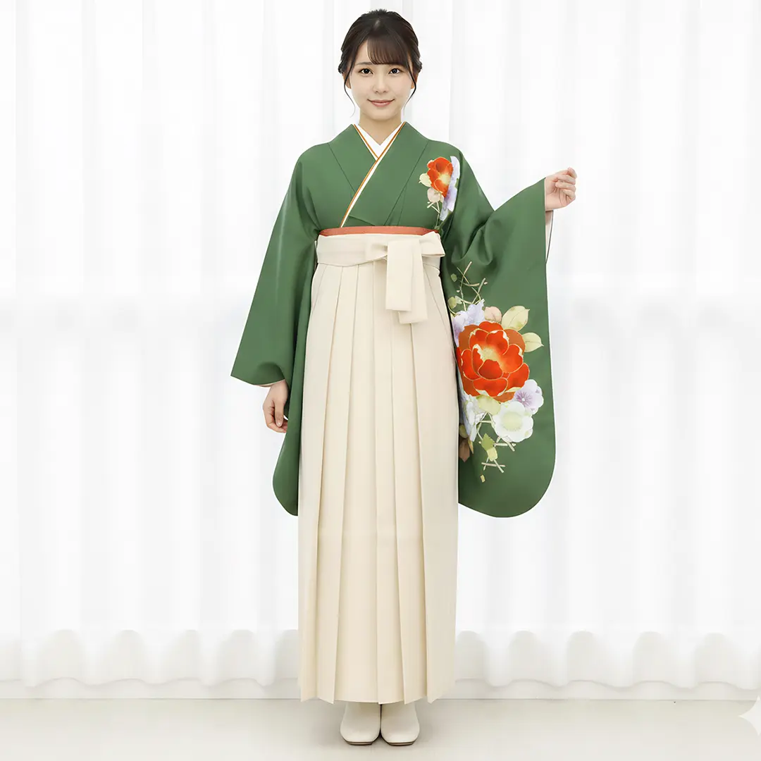 松葉色に牡丹・アイボリー袴（無地） （二尺袖）／卒業式 | 宅配着物