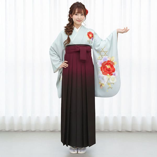 白灰に牡丹・赤袴（ぼかし） （二尺袖）／卒業式 | 宅配着物レンタルの