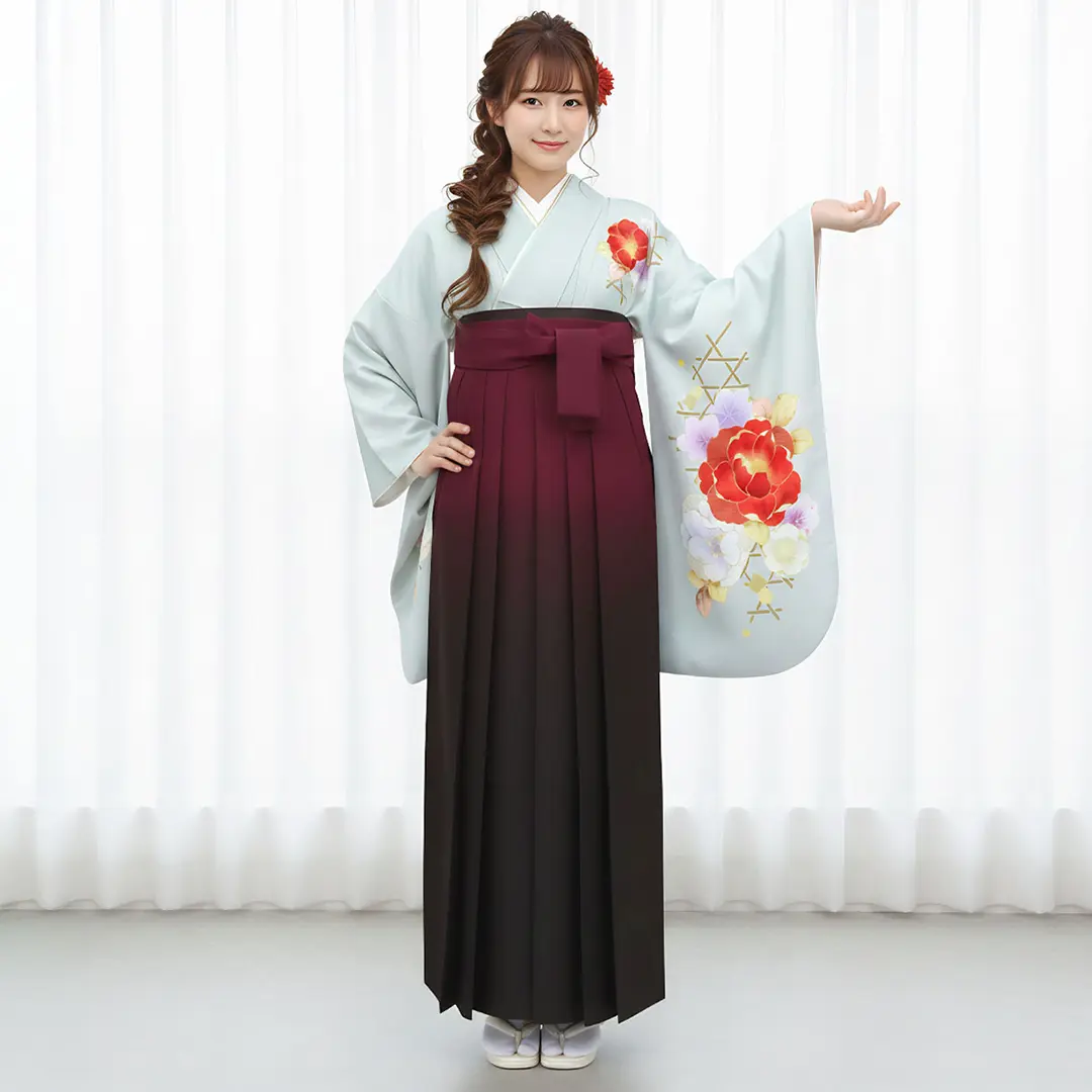 白灰に牡丹・赤袴（ぼかし） （二尺袖）／卒業式 | 宅配着物レンタルの