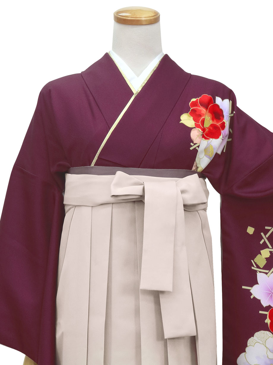 臙脂に牡丹・グレージュ袴（無地）（二尺袖）／卒業式