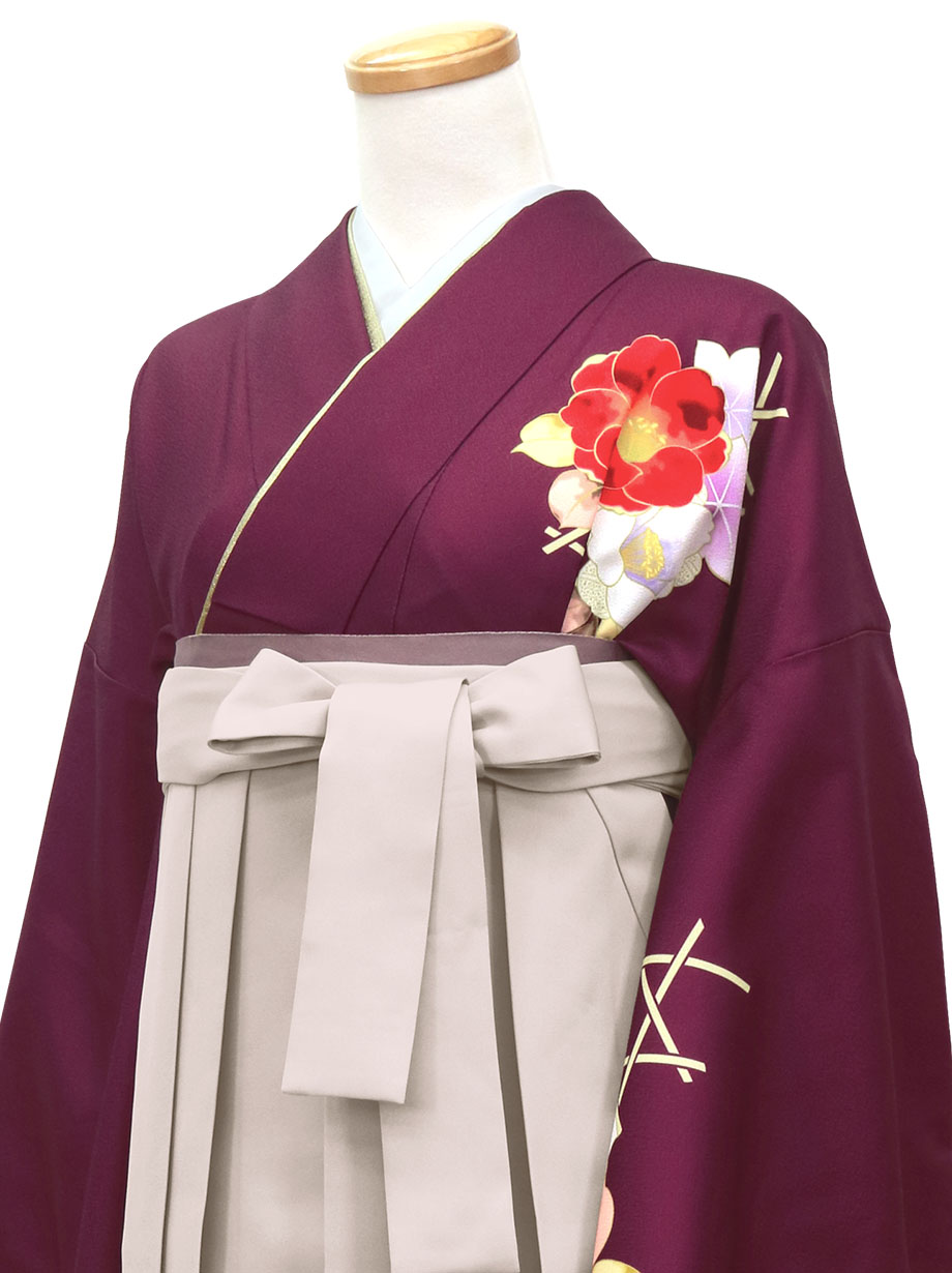 臙脂に牡丹・グレージュ袴（無地）（二尺袖）／卒業式