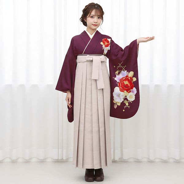 臙脂に牡丹・グレージュ袴(無地) (二尺袖)/卒業式 | 宅配着物レンタルの京都かしきもの レビュー一覧 |宅配着物レンタルの京都かしきもの