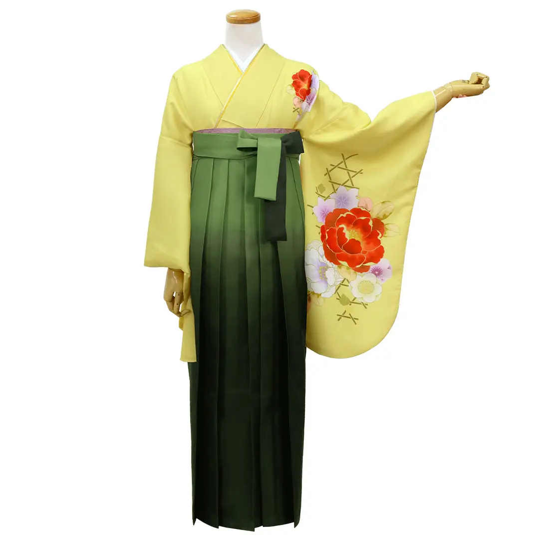 黄色地に牡丹・緑袴（ぼかし） （二尺袖）／卒業式 | 宅配着物レンタル