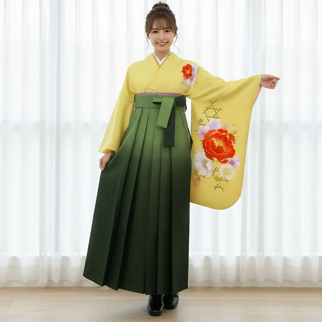 黄色地に牡丹・緑袴（ぼかし）（二尺袖）／卒業式／着用イメージ
