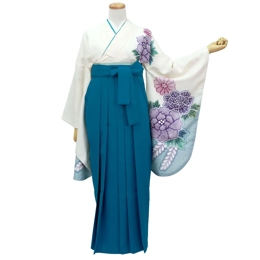 白地に疋田牡丹・青袴（無地） （二尺袖）／卒業式 | 宅配着物レンタル