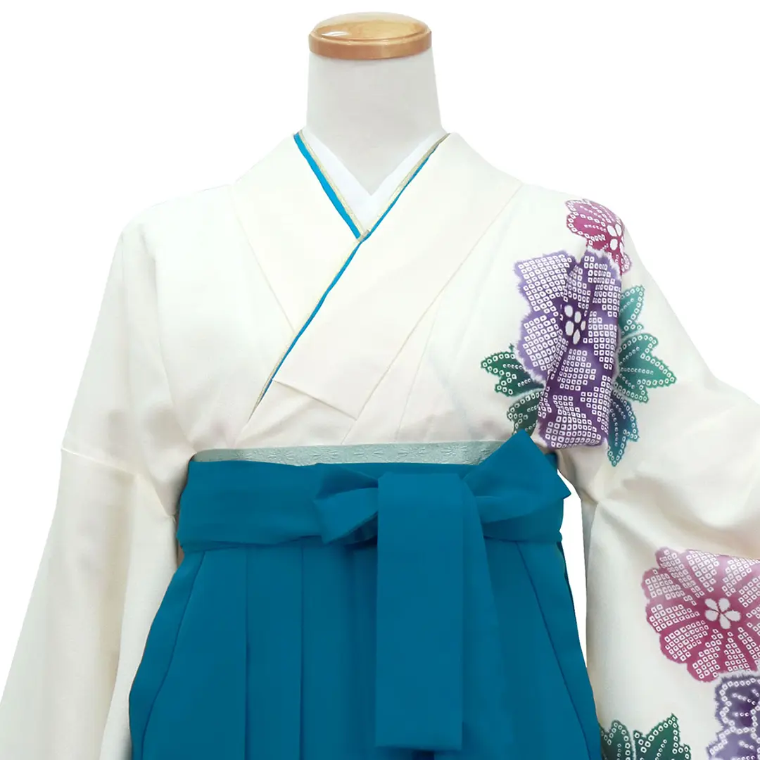 白地に疋田牡丹・青袴（無地） （二尺袖）／卒業式 | 宅配着物レンタル
