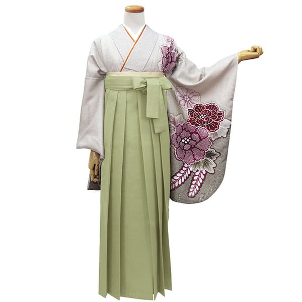 薄茶地に疋田牡丹・オリーブ袴（無地） （二尺袖）／卒業式 | 宅配着物