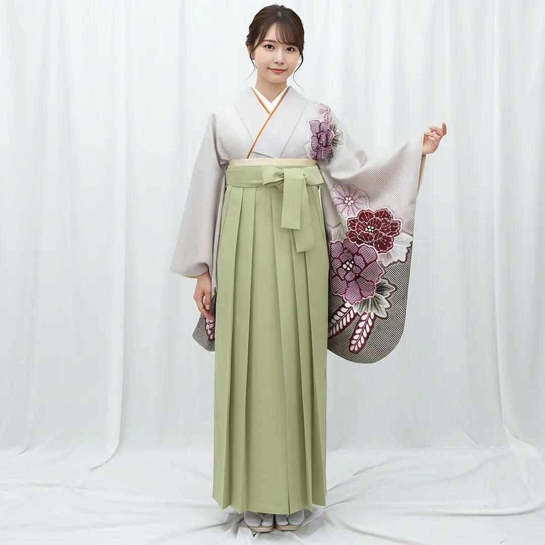 薄茶地に疋田牡丹・オリーブ袴（無地） （二尺袖）／卒業式 | 宅配着物