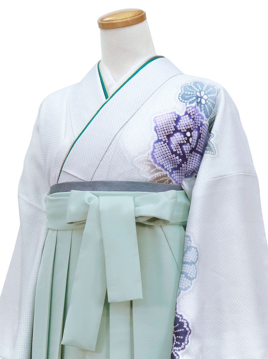 白灰地に疋田牡丹・くすみグリーン袴（無地）（二尺袖）／卒業式