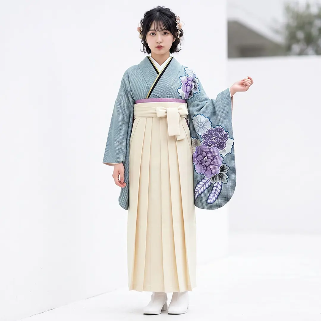 青地に疋田牡丹・アイボリー袴（無地） （二尺袖）／卒業式／着用イメージ