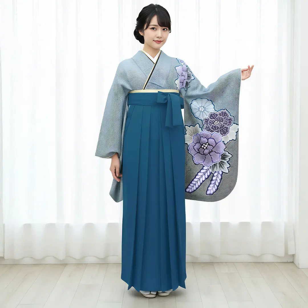 青地に疋田牡丹・青袴（無地） （二尺袖）／卒業式 | 宅配着物レンタル