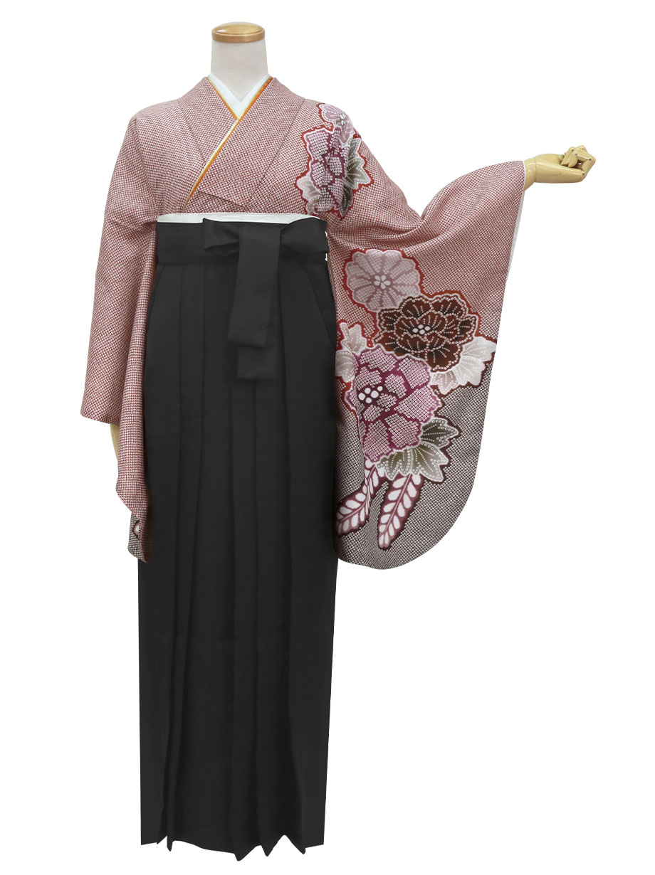 赤地に疋田牡丹・黒袴（無地） （二尺袖）／卒業式