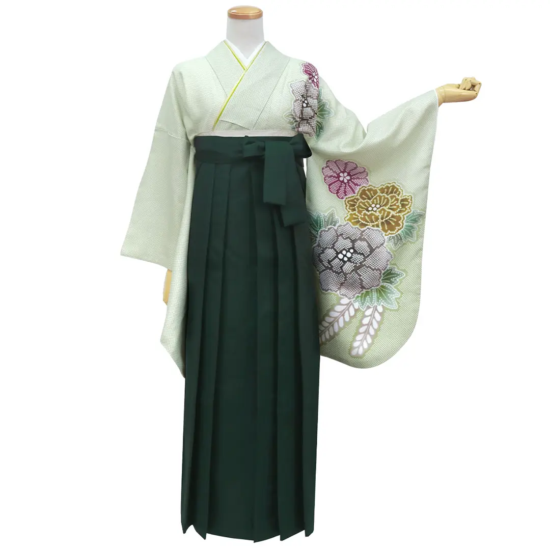 薄緑に疋田牡丹・深緑袴（無地） （二尺袖）／卒業式 | 宅配着物