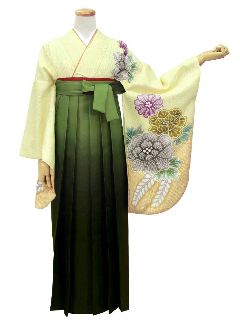 黄色地に疋田牡丹・緑袴（ぼかし） （二尺袖）／卒業式 | 宅配