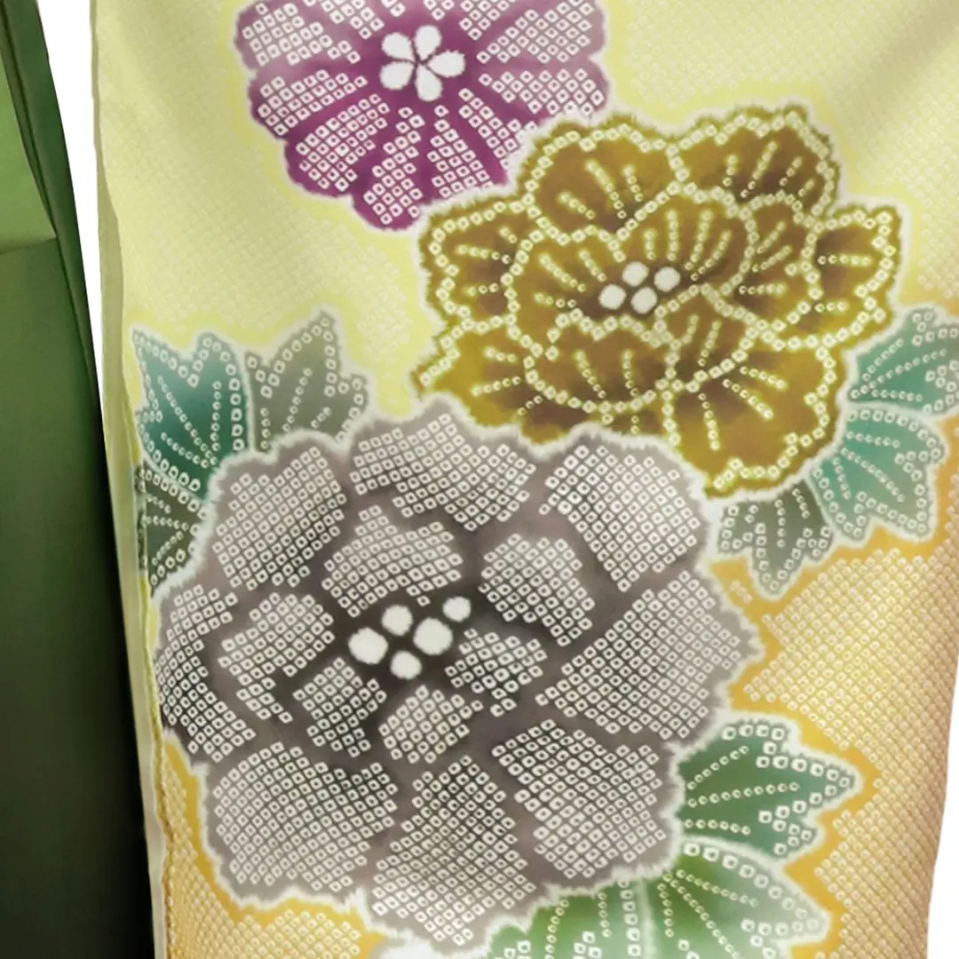 黄色地に疋田牡丹・緑袴（ぼかし） （二尺袖）／卒業式 | 宅配着物