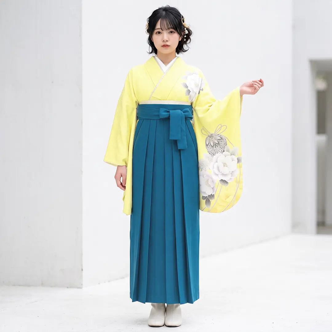 黄色地に鈴と牡丹・青袴（無地） （二尺袖）／卒業式 | 宅配着物