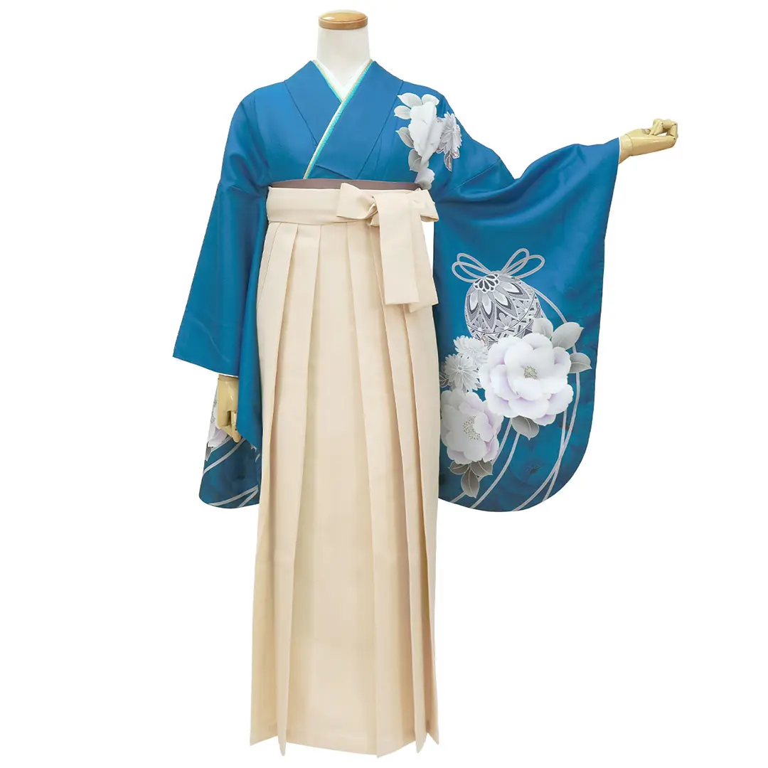 青地に鈴と牡丹・アイボリー袴（無地） （二尺袖）／卒業式 | 宅配着物