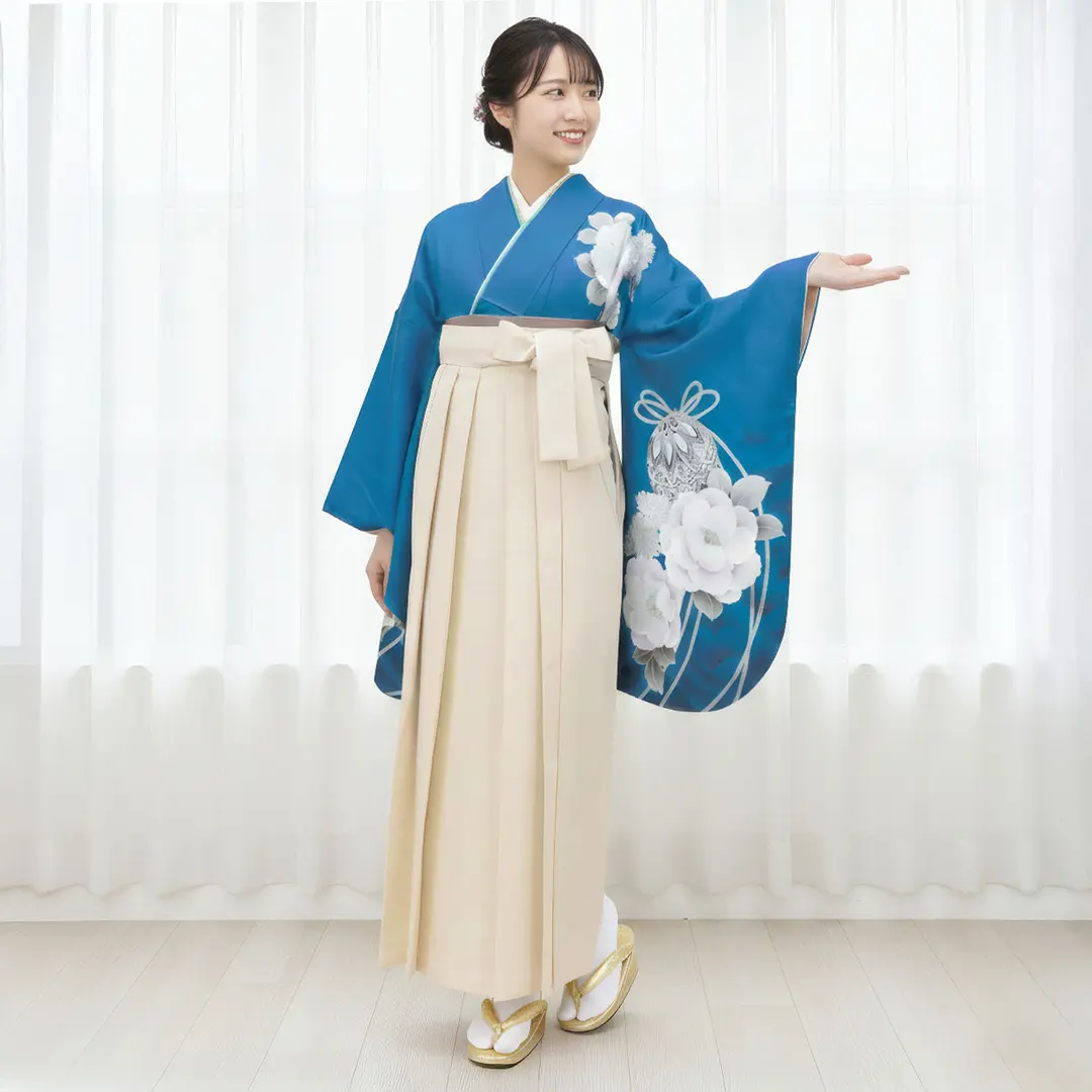 青地に鈴と牡丹・アイボリー袴（無地） （二尺袖）／卒業式 | 宅配着物