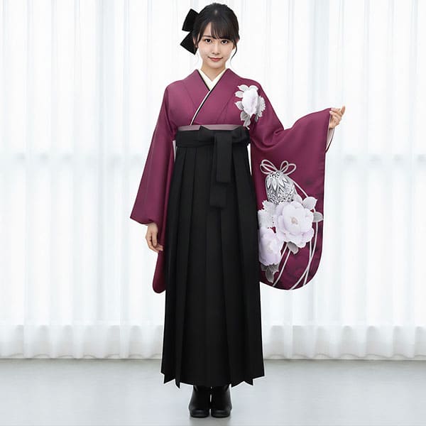 卒業式に最適 黒地桜柄小振袖とワイン無地ぼかし袴 無地袴 桜の刺繍 黒 緑 エンジ 紫 紺 4サイズ：S、M、L、LL(2L) 卒業式