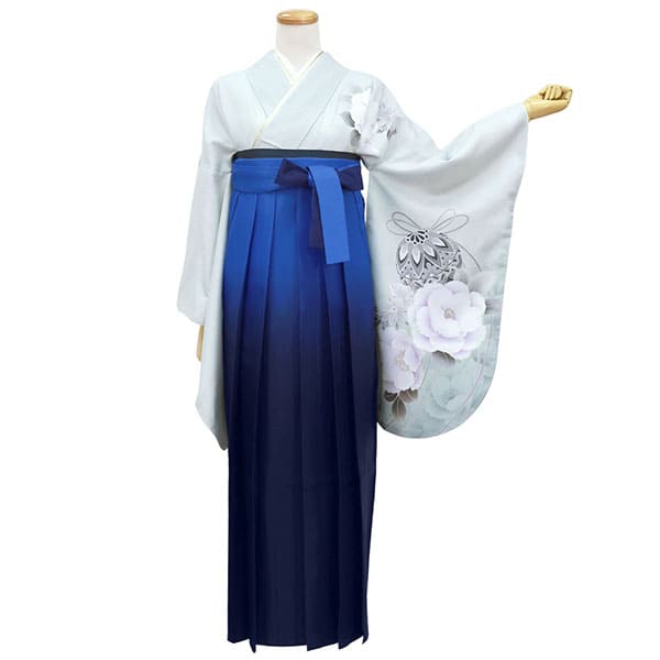 白灰地に鈴と牡丹・青袴（ぼかし） （二尺袖）／卒業式 | 宅配着物