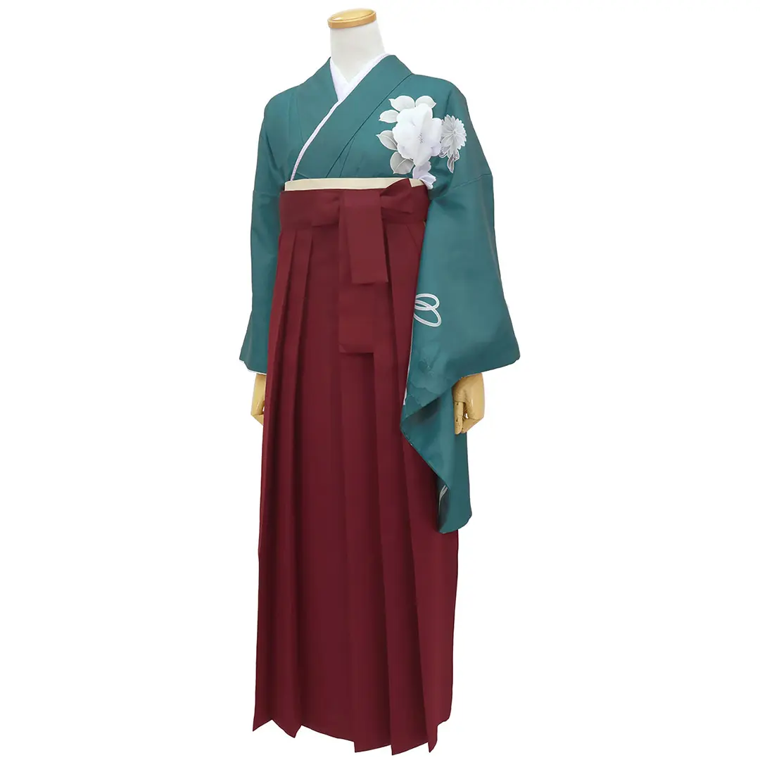 緑地に鈴と牡丹・臙脂袴（無地）（二尺袖）／卒業式 斜め