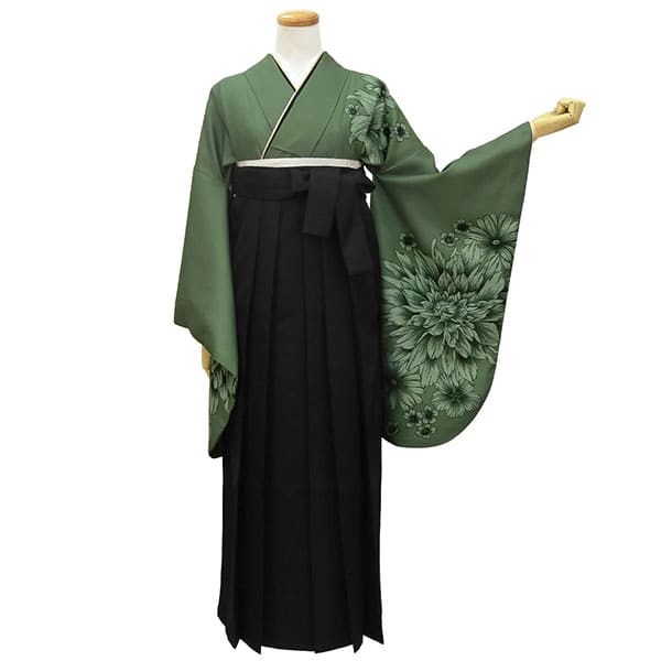 抹茶地にダリア・黒袴（無地） （二尺袖）／卒業式 | 宅配着物レンタル