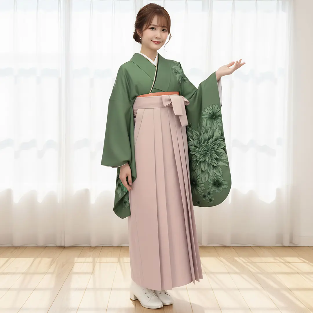 抹茶地にダリア・モカ袴