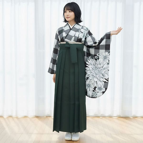 黒チェックにダリア・深緑袴（無地） （二尺袖）／卒業式 | 宅配着物 