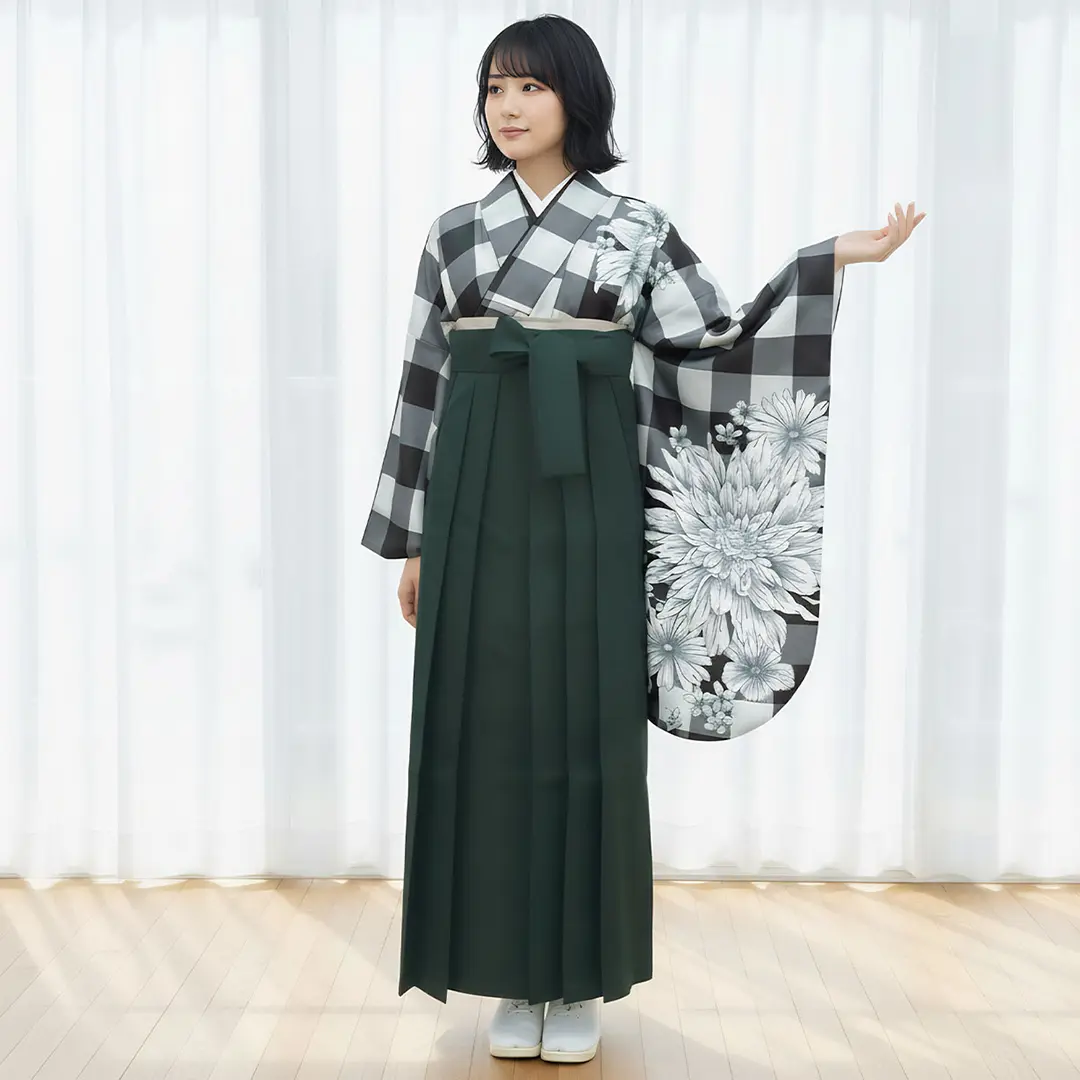 黒チェックにダリア・深緑袴（無地） （二尺袖）／卒業式 | 宅配着物